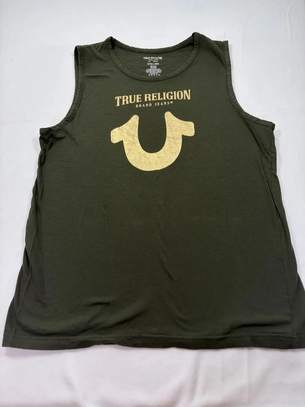 True Religion Brand Jeans Men’s XL Olive Sleeveless Tank Top Horseshoe Logo Tee